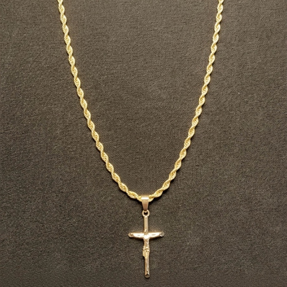 Gold Chain Rope Chain Necklace 20in 3mm and Gold Cross Crucifix Pendant Set